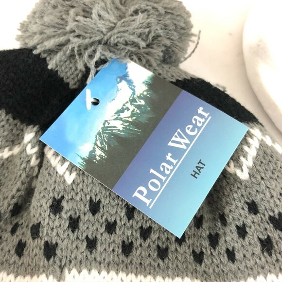 Polar Wear Kids Beanie Hat Ear Flaps Fleece Lined Striped Knit Pom Gray Black OS - Picture 5 of 6